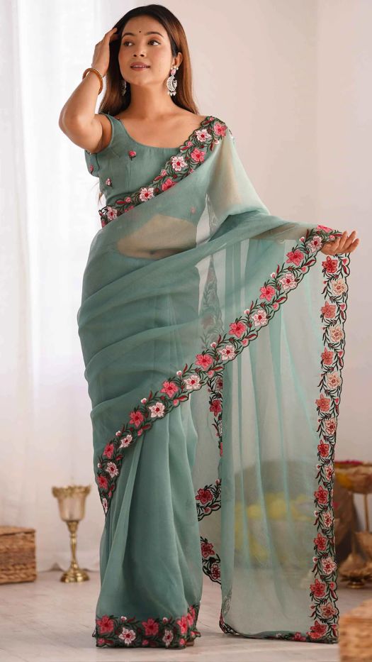 Dusty Green Embroidered Tissue Saree