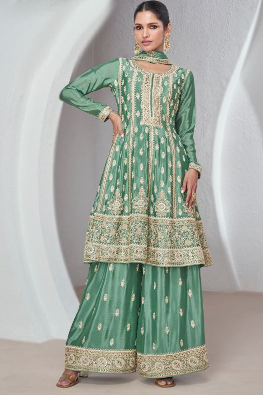 Teal Green Embroidered Silk Sharara Suit