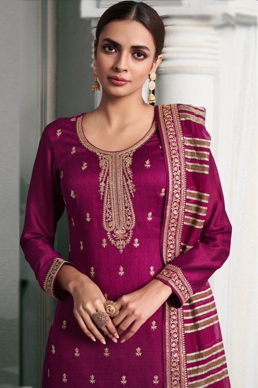 Wine Red Georgette Silk Embroidered Palazzo Suit