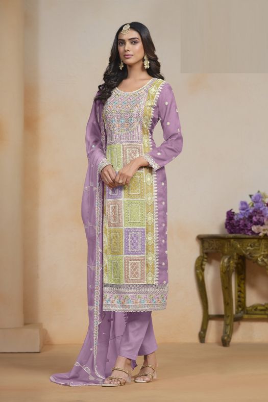 Lavender Multicolor Embroidered Organza Trouser Suit