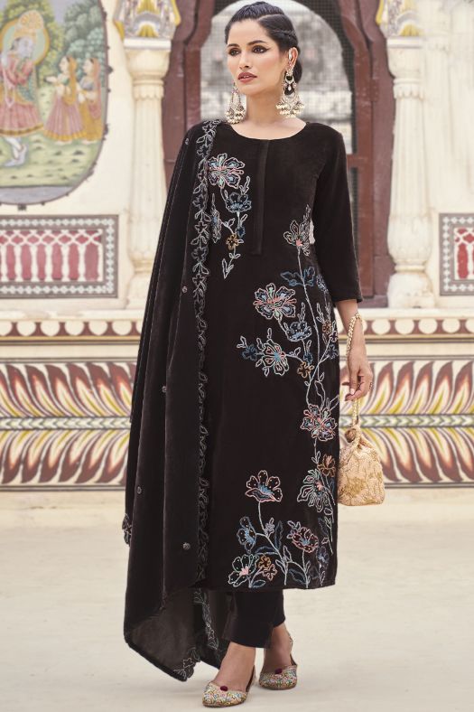 Dark Brown Velvet Salwar Kameez With Embroidery