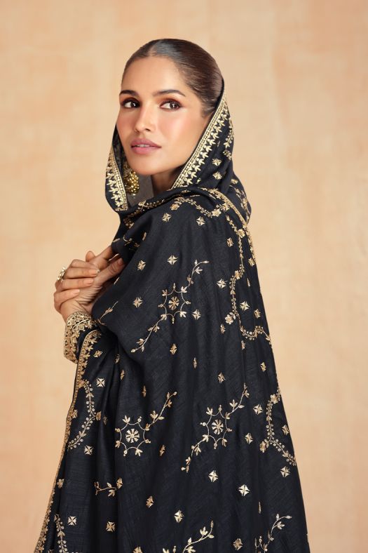 Black Embroidered A Line Anarkali Suit Set