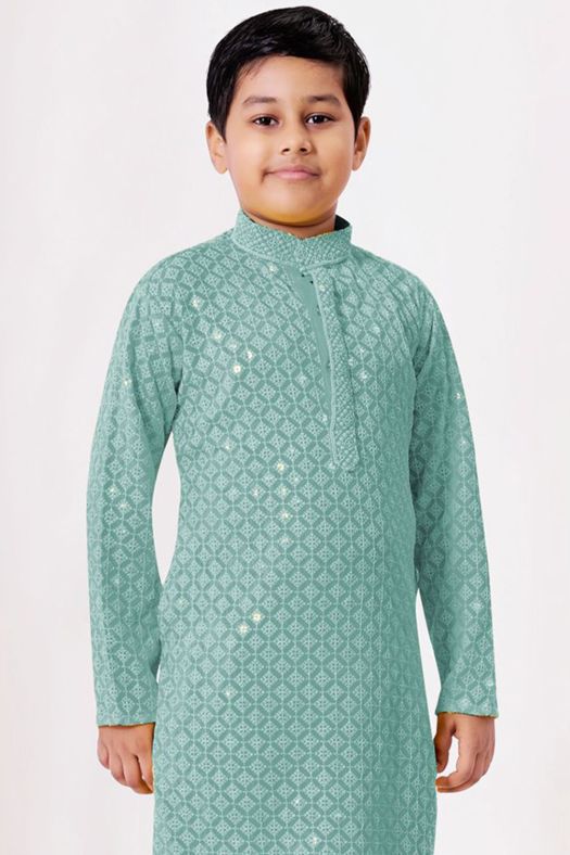 Sea Green Embroidered Kids Cotton Kurta