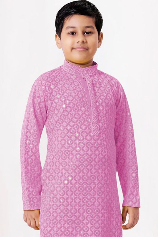 Pink Embroidered Kids Cotton Kurta