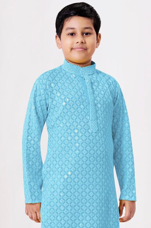 Sky Blue Embroidered Kids Cotton Kurta