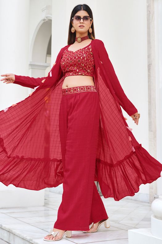 Red Georgette Embroidered Co-ord Set