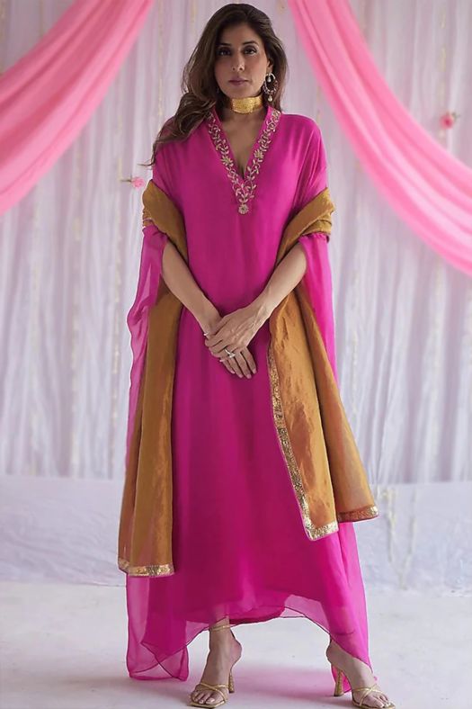 Cerise Pink Embroidered Chiffon A Line Suit