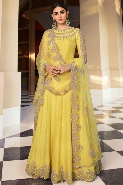 Yellow Embroidered Art Silk Abaya Style Suit