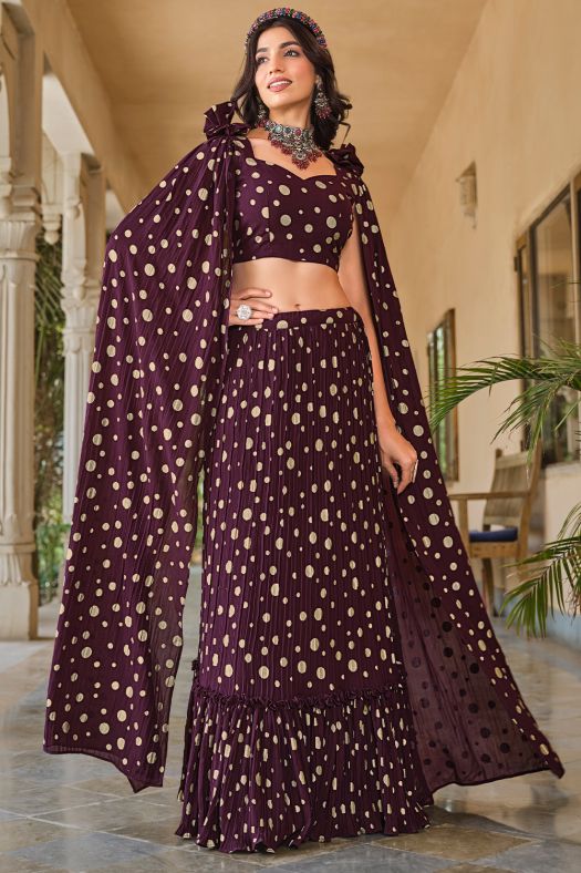 Wine Printed Georgette Lehenga Set With Shoulder Dupatta