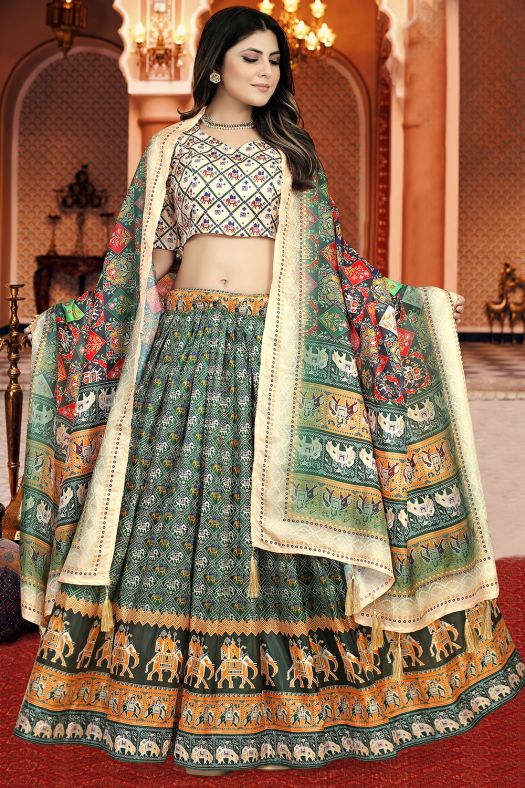 Green Dola Silk Printed Lehenga Set