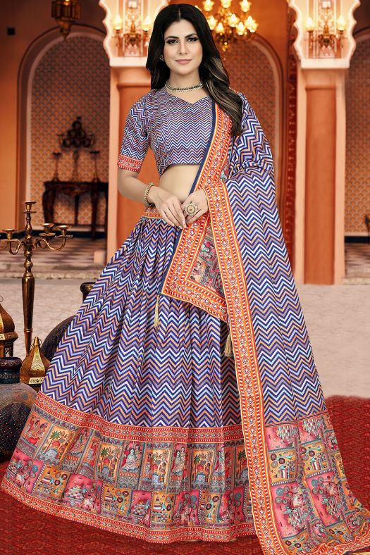 Blue Dola Silk Printed Lehenga Set
