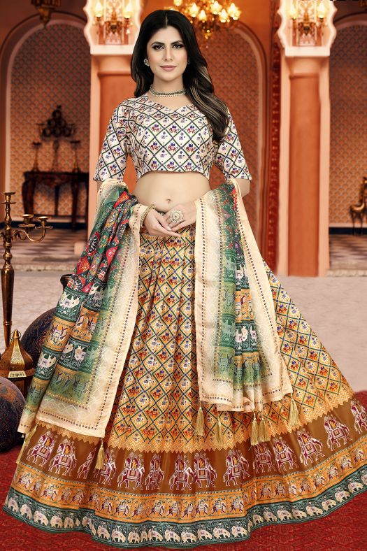 Light Orange Dola Silk Printed Lehenga Set