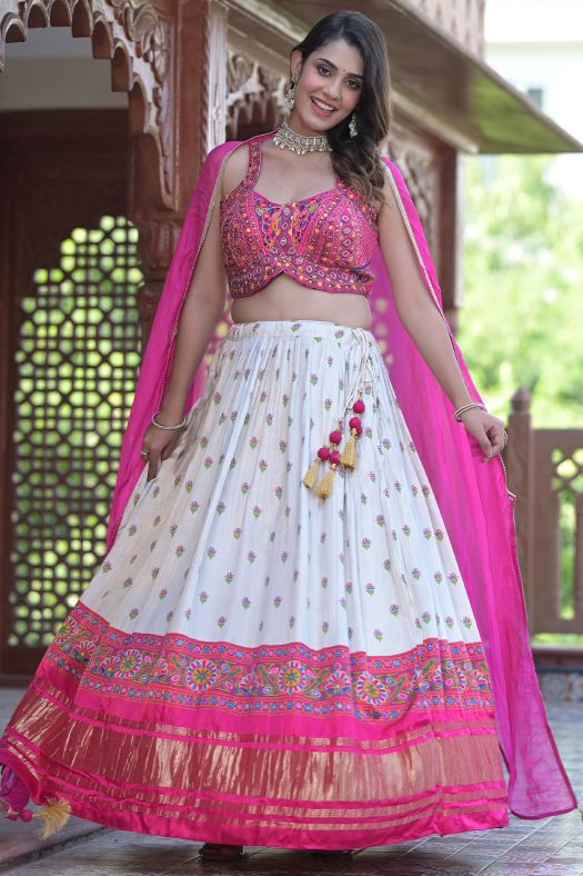 White and Pink Patola Print Jacquard Lehenga Choli