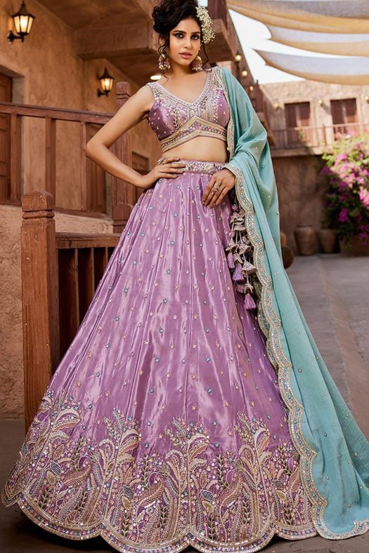 Purple Embroidered Satin Lehenga
