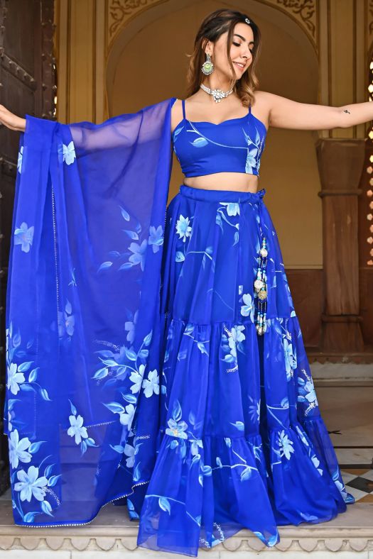 Blue Floral Printed Georgette Lehenga Set