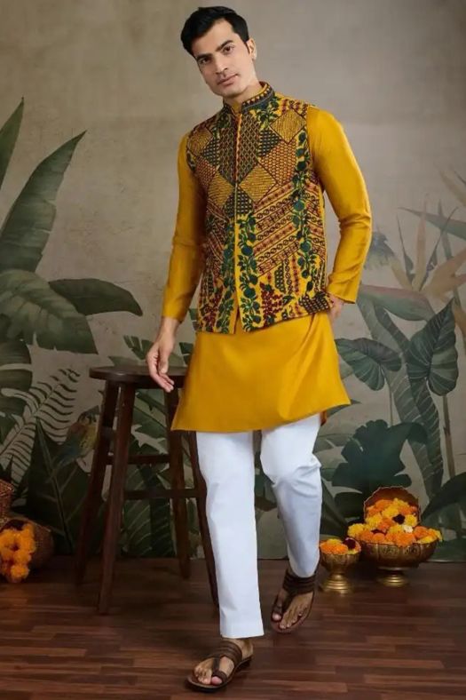 Yellow Viscose Silk Kurta For Men With Jacket 