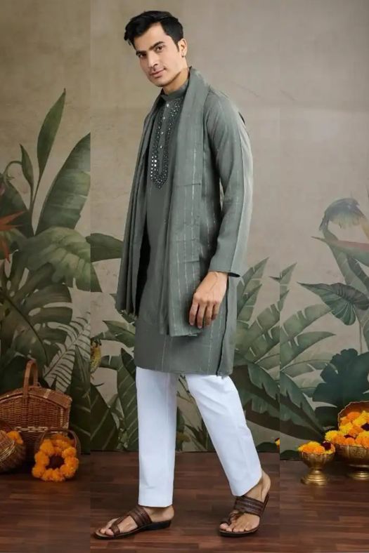 Rust Green Viscose Silk Kurta with Dupatta
