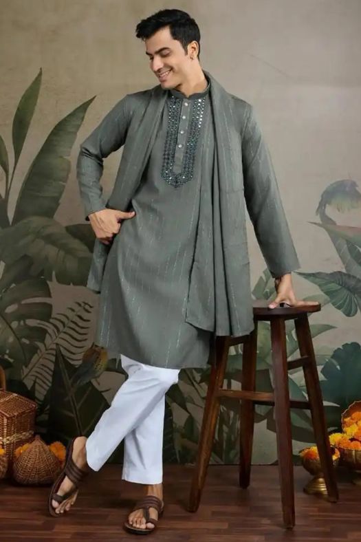 Grey Viscose Silk Kurta with Dupatta