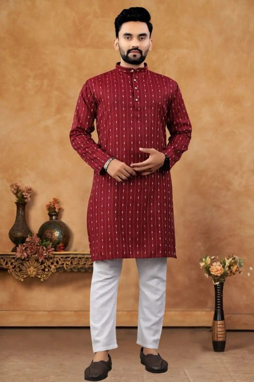 Maroon Cotton Striped Regular Fit Kurta.