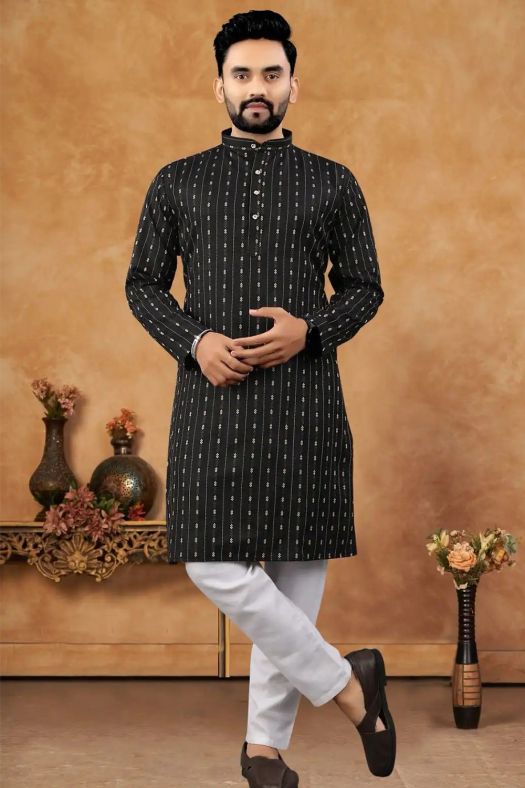 Black Cotton Striped Regular Fit Kurta.