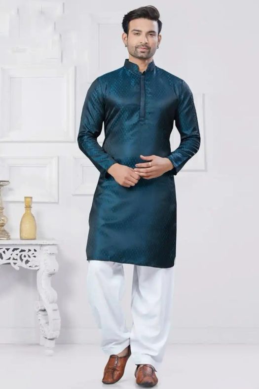 Blue Jacquard Silk Kurta