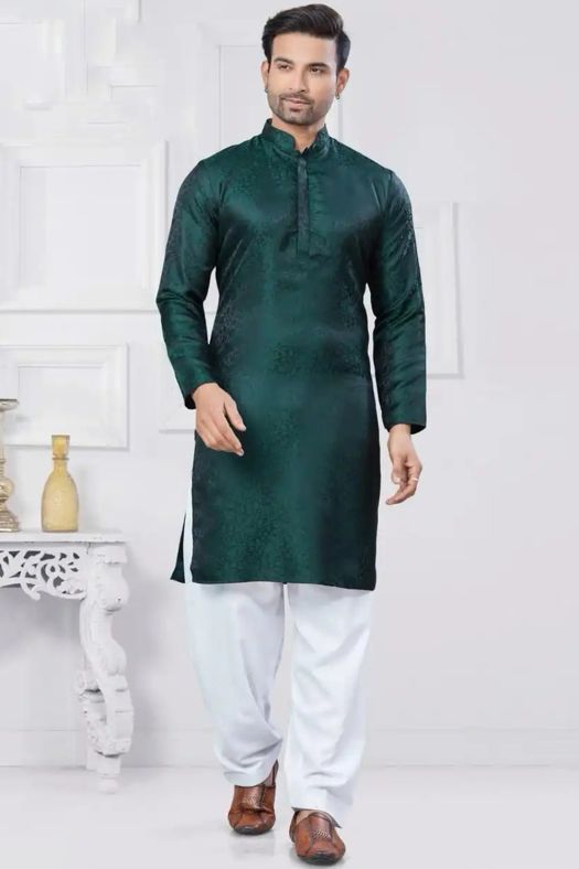 Dark Green Jacquard Silk Kurta