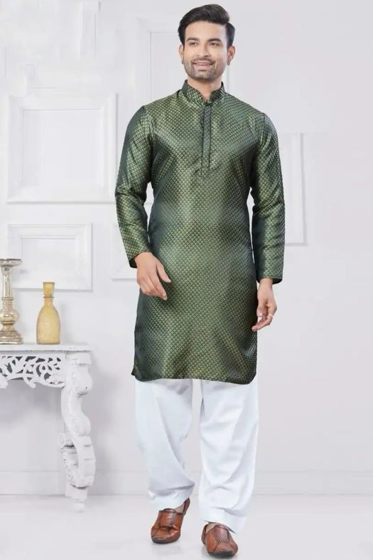 Olive Green Jacquard Silk Kurta