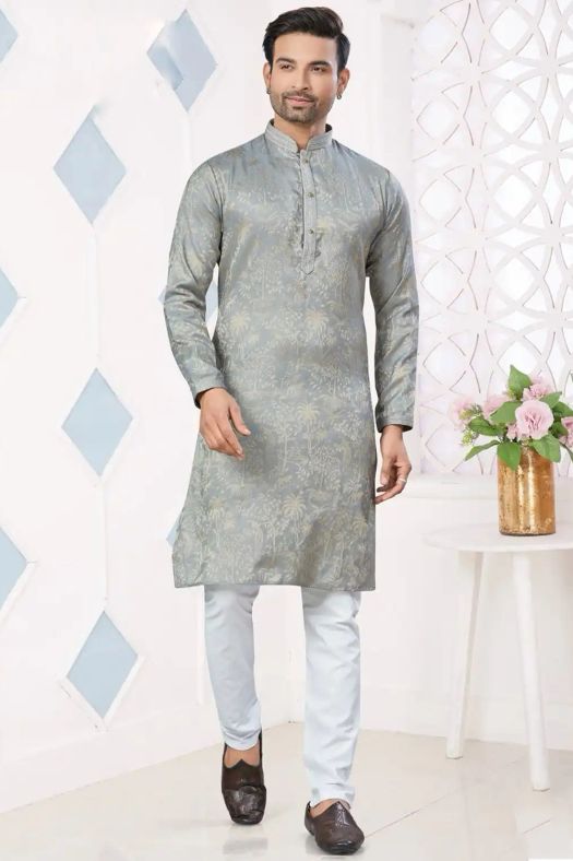 Grey Woven Art Silk Kurta Set