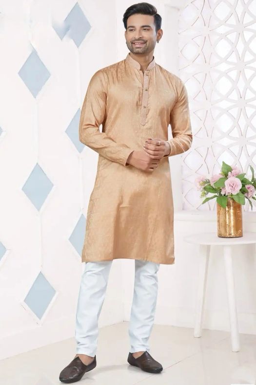 Peach Woven Art Silk Kurta Set