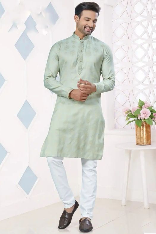 Sea Green Woven Art Silk Kurta Set