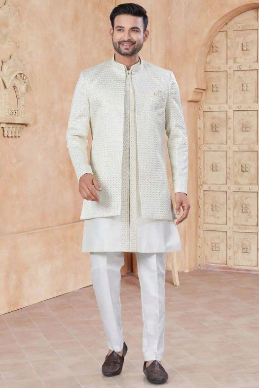 Off White Woven Art Silk Kurta Set