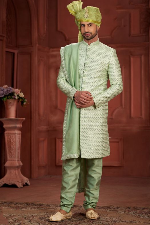Green Embroidered Silk Sherwani Set