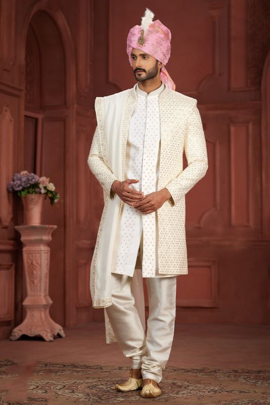 Off White Embroidered Pure Silk Sherwani Set