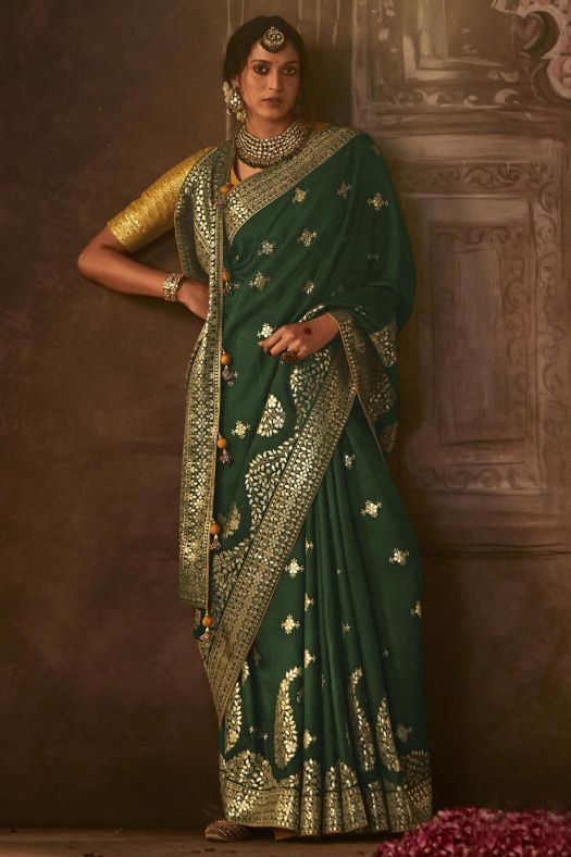 Dark Green Silk Ethnic Embroidered Saree