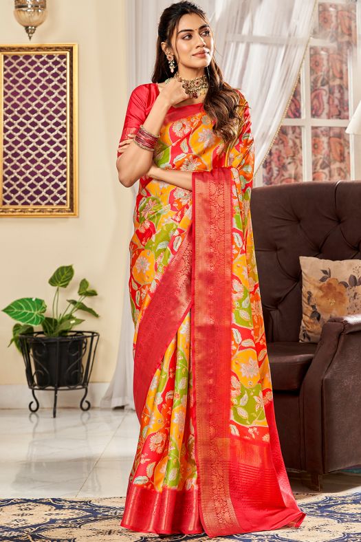 Red Floral Printed Satin Light Weight Saree