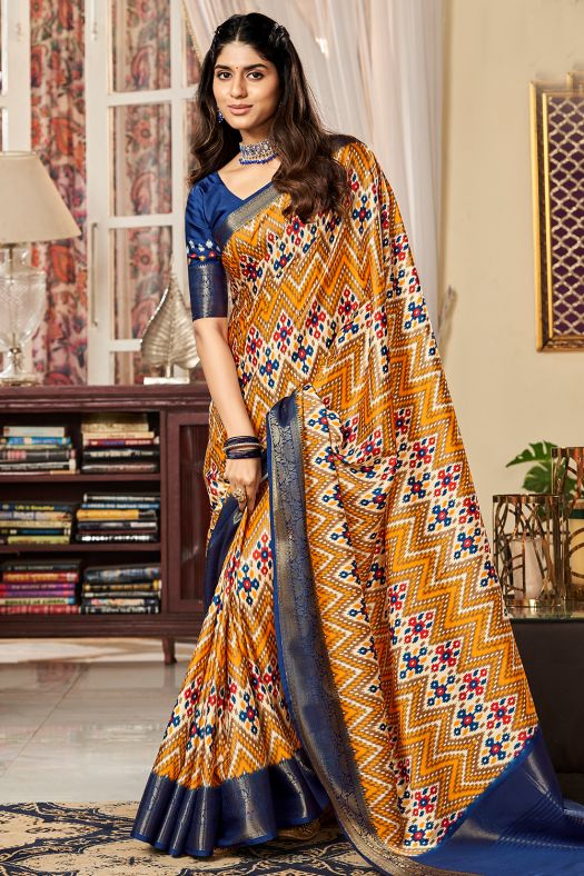 Turmeric Yellow Printed Satin Light Weight Saree