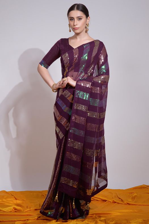 Wine Sequins Embroidered Georgette Saree