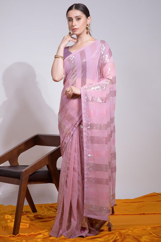 Lavender Pink Sequins Embroidered Georgette Saree