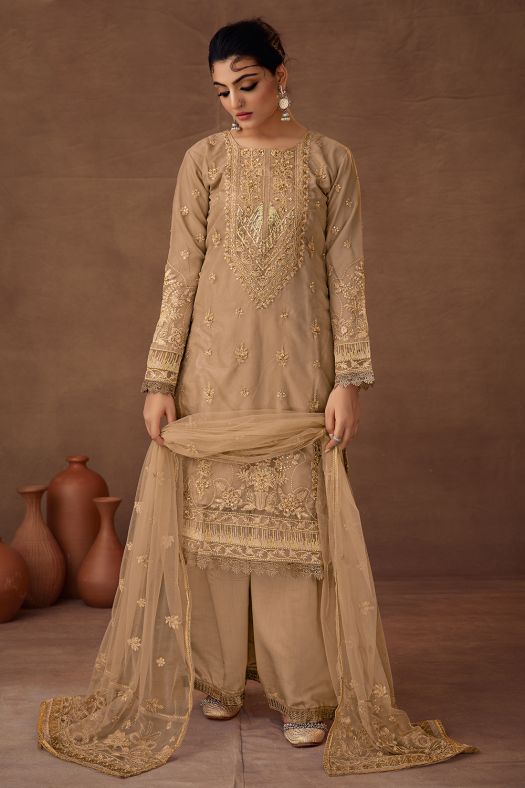 Dark Beige Embroidered Organza Suit Set