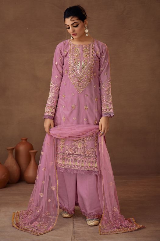 Onion Pink Embroidered Organza Suit Set