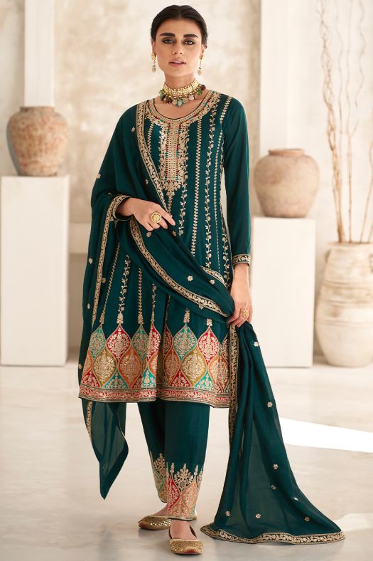 Dark Green Embroidered Silk Punjabi Suit