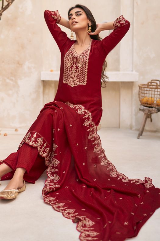 Red Embroidered Suit Silk Set
