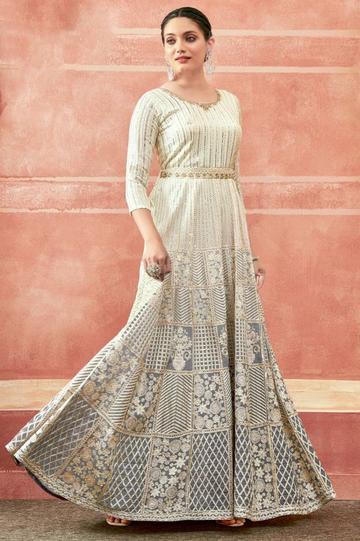Off White And Grey Georgette Embroidered Festive Anarkali Suit