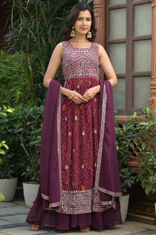 Purple Bandhani Print Georgette Sharara suit