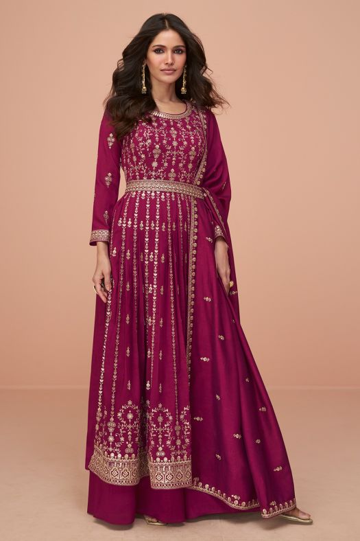 Red Embroidery High Slit Silk Palazzo Suit