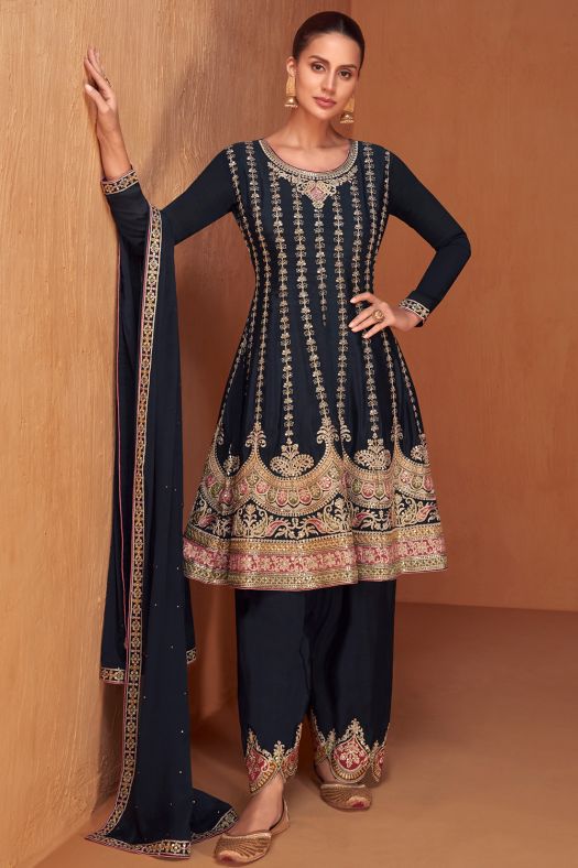 Blue Chinnon Embroidered Suit Set