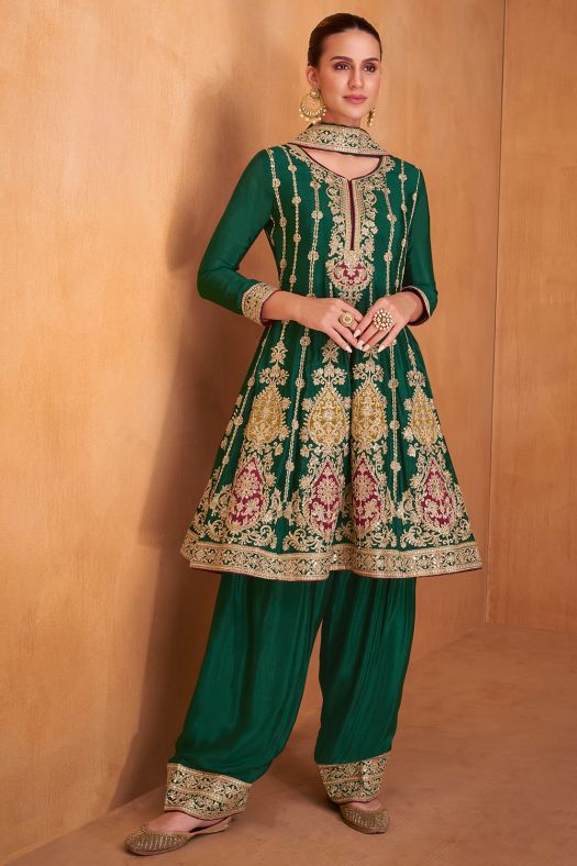 Dark Green Chinnon Embroidered Suit Set