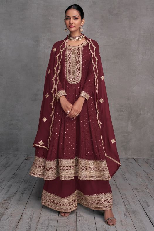 Maroon Embroidered Flared Style Georgette Sharara Suit
