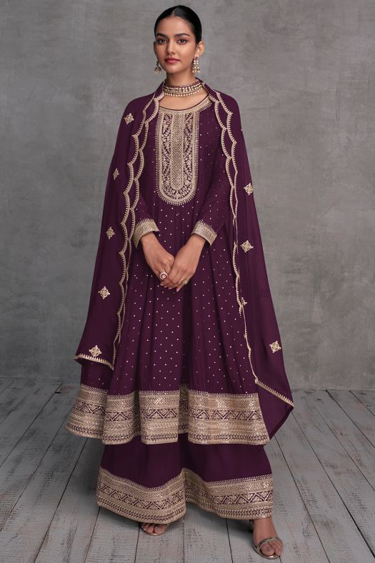 Deep Wine Embroidered Flared Style Georgette Sharara Suit