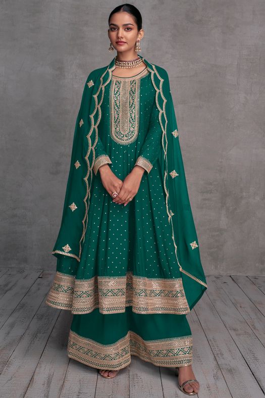 Light Green Embroidered Flared Style Georgette Sharara Suit